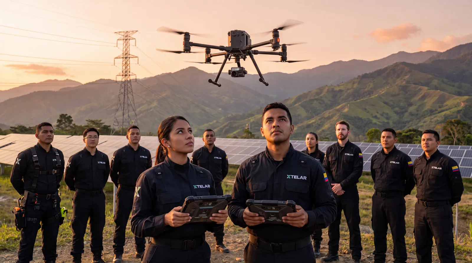Equipo de Xtelar en campo con un dron en vuelo y controles tácticos al atardecer