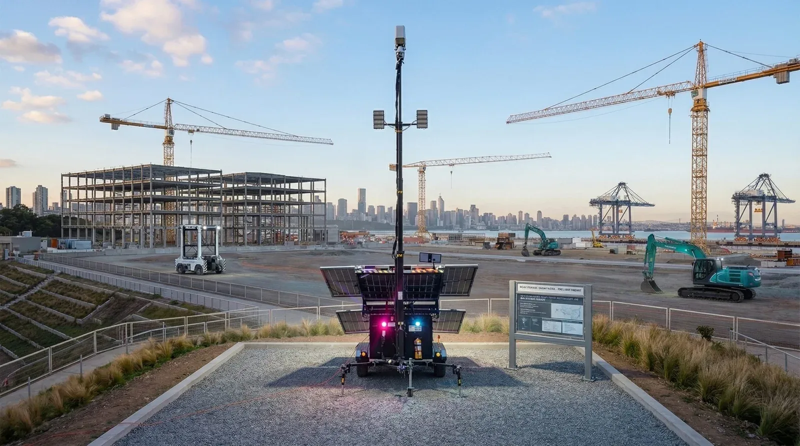 Torre de iluminación y vigilancia solar en una obra con grúas, estructuras en construcción y una ciudad costera al fondo.