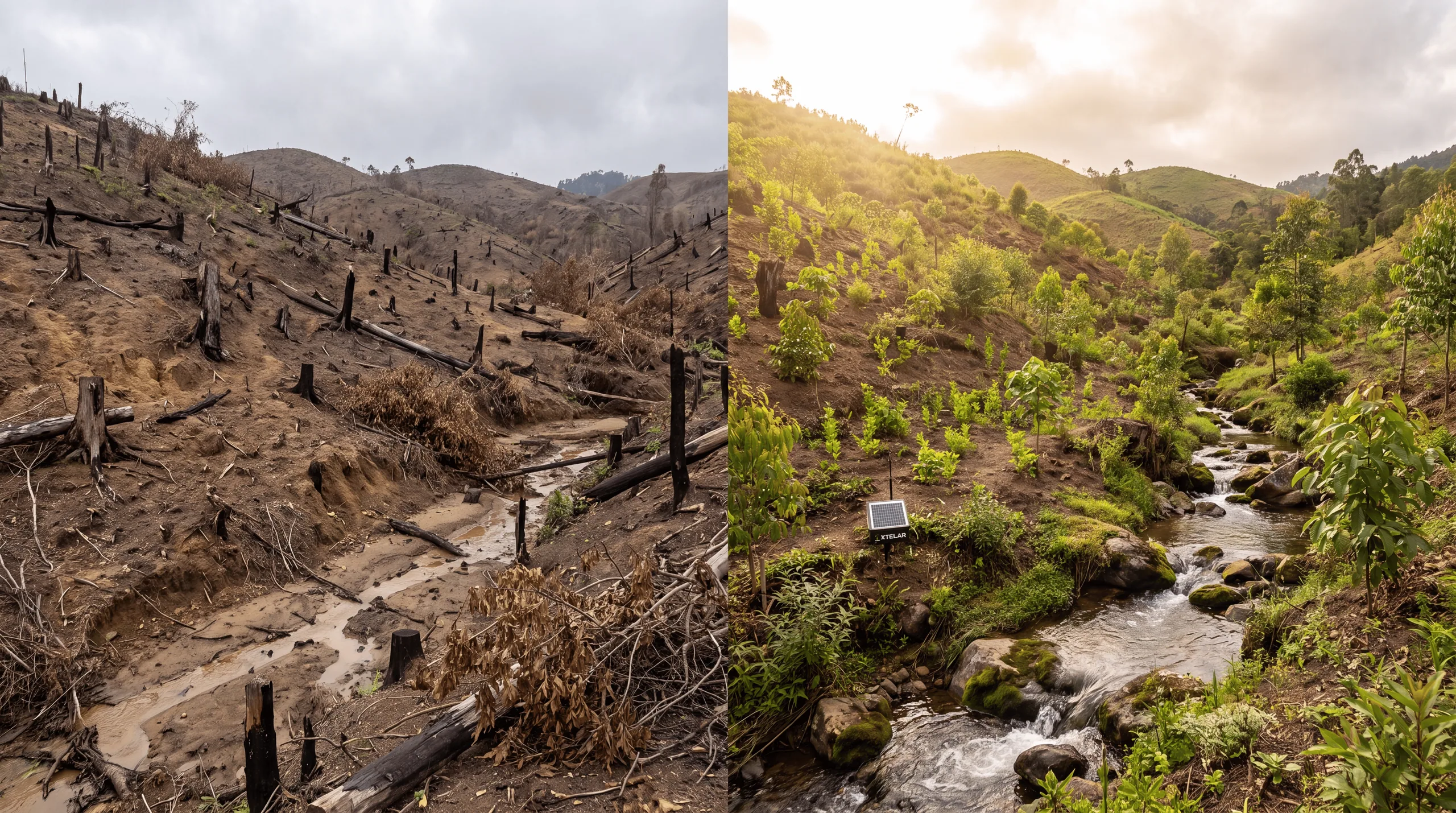 Comparación en dos mitades de una misma ladera: a la izquierda, tierra talada con troncos quemados; a la derecha, vegetación joven junto a una quebrada y un sensor solar con la marca Xtelar.