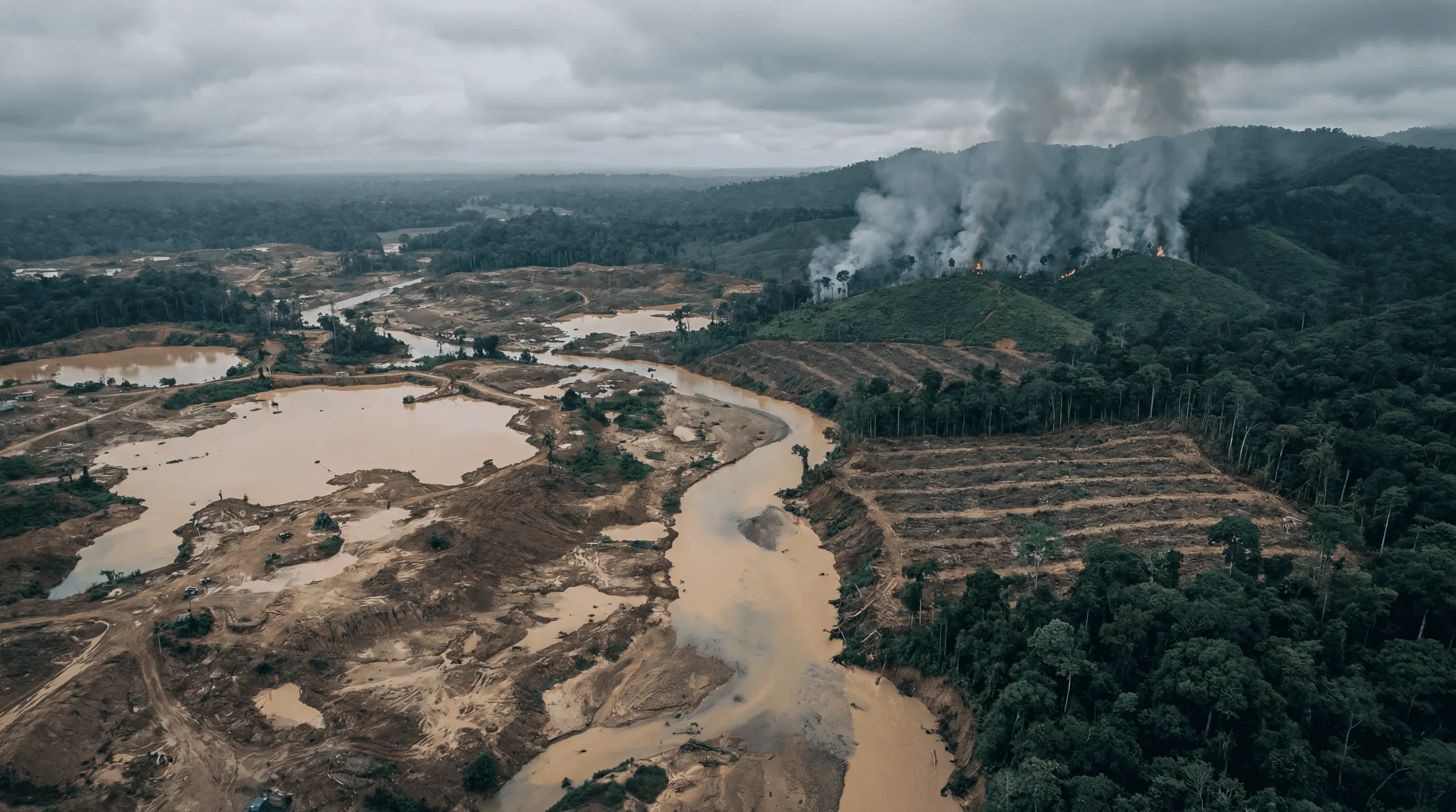 Vista aérea de un río turbio entre pozas de minería a cielo abierto, con una ladera talada y columnas de humo de incendios sobre la selva.
