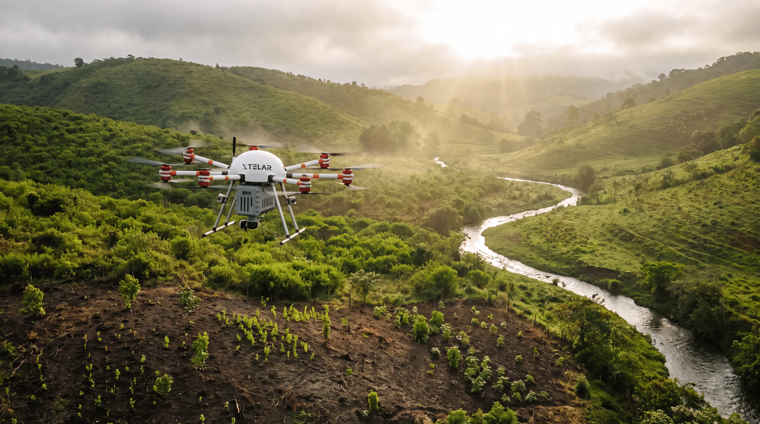 Dron con la marca Xtelar sobrevolando colinas verdes y un río, sobre una parcela de tierra con plántulas recién sembradas.