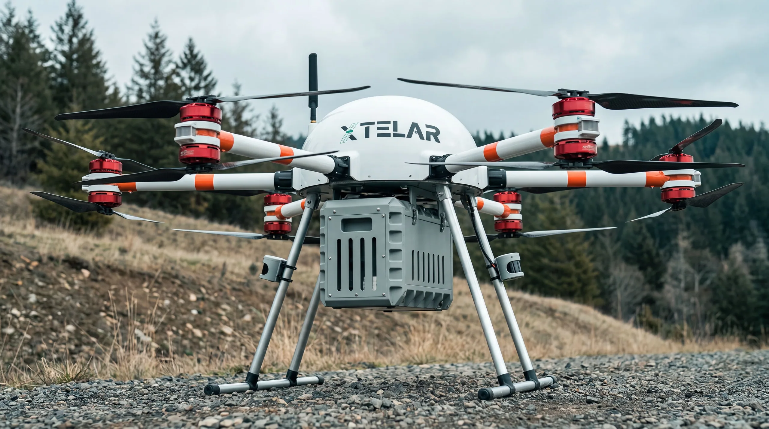 Dron hexacóptero blanco con la marca Xtelar y un contenedor de carga gris, posado sobre grava junto a un bosque de coníferas.